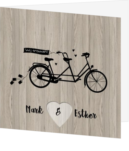 Trouwkaart met tandem fiets op hout