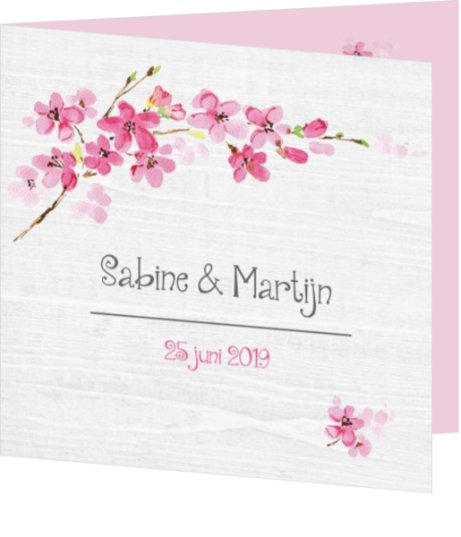 Botanische trouwkaarten - trouwkaart Bloemen roze en wit zachte kleuren