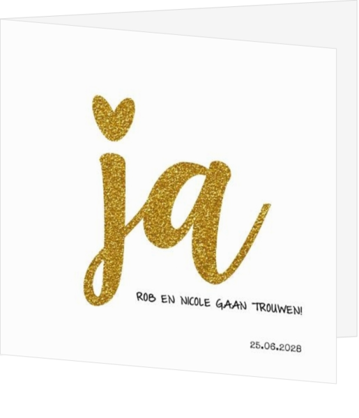Moderne trouwkaart JA in goud glitter letters