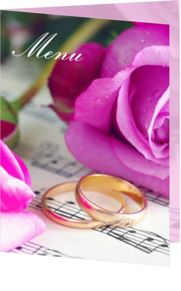 Menukaart bladmuziek twee ringen paarse roos