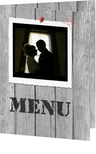 Menukaart maken voor jullie bruiloft - trouwkaart own picture on wooden fence, menu