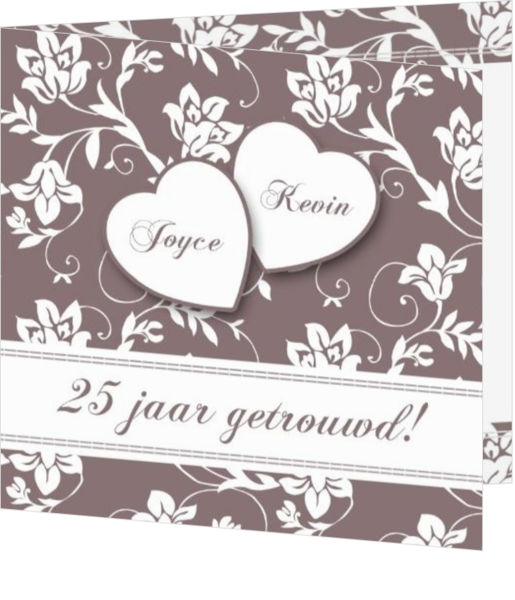 uitnodigingskaarten huwelijksjubileum - trouwkaart hartjes op bloemen taupe 25 jaar getrouwd, vk