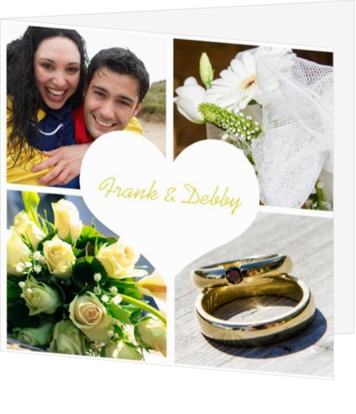 Moderne trouwkaart met eigen foto bloemen en ringen