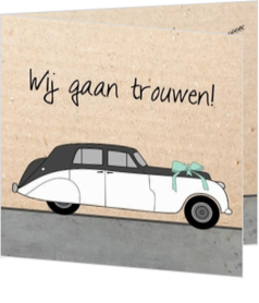 cartoon trouwkaarten - hippe trouwkaart met trouwauto op karton jb16090601, vk