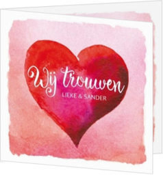 Waterverf en Watercolor trouwkaarten - trouwkaart Groot hart waterverf rood roze