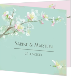Romantische trouwkaarten - trouwkaart Bloemen kleur roze  en aqua