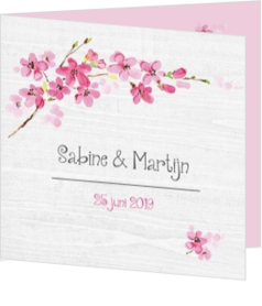 Botanische trouwkaarten - trouwkaart Bloemen roze en wit zachte kleuren