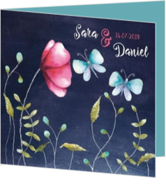 Romantische trouwkaarten - trouwkaart aquarel - vlinder en klaproos