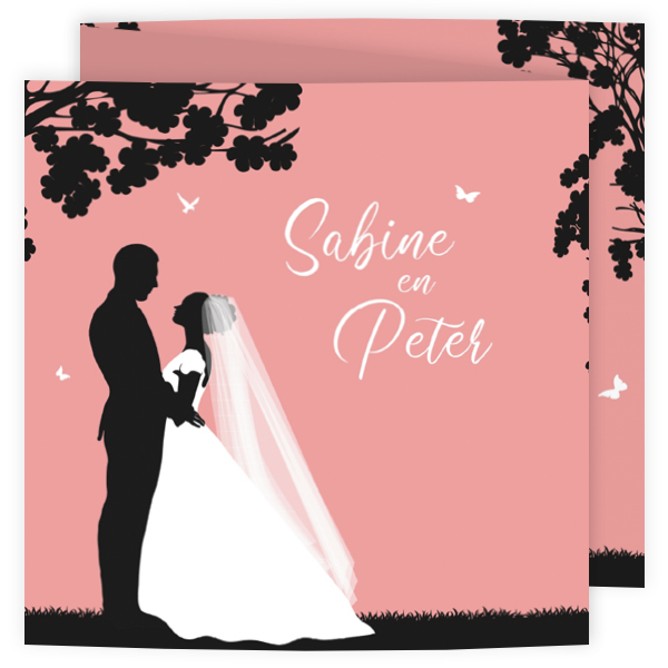 Trouwkaart silhouet bruidspaar met kinderen roze