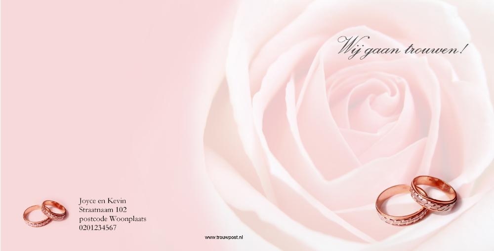 Trouwkaart roze roos ringen Achterkant/Voorkant