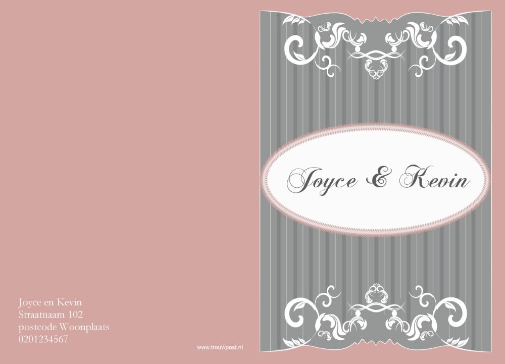 klassieke trouwkaart oud roze met grijs, rh Achterkant/Voorkant